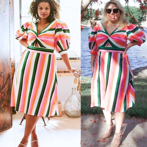 ELOQUII Dresses & Skirts - Eloquii Stripe Fit & Flare Linen Blend Dress Pink Green Cut Out Puff Sleeve 20